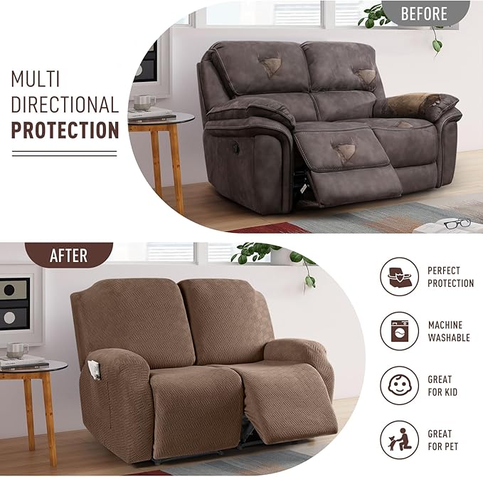 KinCam Recliner Covers, Stretch Reclining Chair Covers, Recliner Sofa Slipcovers Stripe Jacquard Recliner Couch Covers Furniture Protector Covers for Pet Kid (2 Seater, Light Coffee)