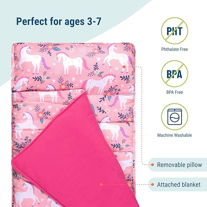 Wildkin Original Nap Mat with Reusable Pillow for Boys & Girls, Perfect for Elementary Daycare Sleepovers, Features Hook & Loop Fastener, Cotton Blend Materials Nap Mat for Kids