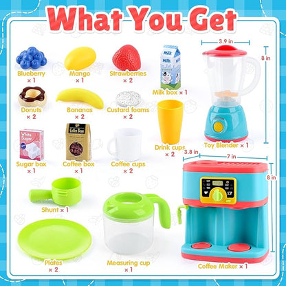 PLAY Kitchen Appliances Toys Set, Pretend Play Kids Kitchen Playset with Coffee Maker, Toy Blender and Play Foods, with Realistic Lights and Sounds, Play Kitchen Accessories Gift for Toddler Ages 3+