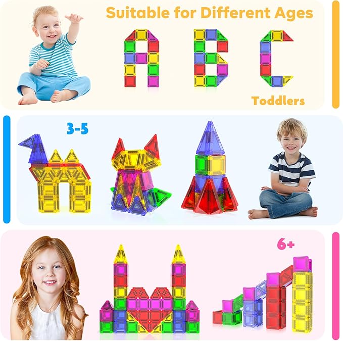 Mini Magnetic Tiles - 75 PCS Travel Magnetic Tiles, Micro Magnet Travel Toy for Kids Ages 3+, STEM Educational Building Set Construction Toys, Boys Girls Toddlers Birthdays Day Gifts