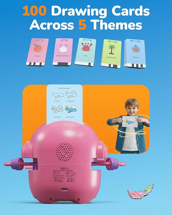 Drawing Robot for Kids, Rechargeable 4-in-1 Draw/Learn/Spell/Music Interactive Educational Robot Drawing Machine with 100 Cards & 12 Color Pens, Learning Toys for 3-8 Year Old Boys Girls Birthday Xmas