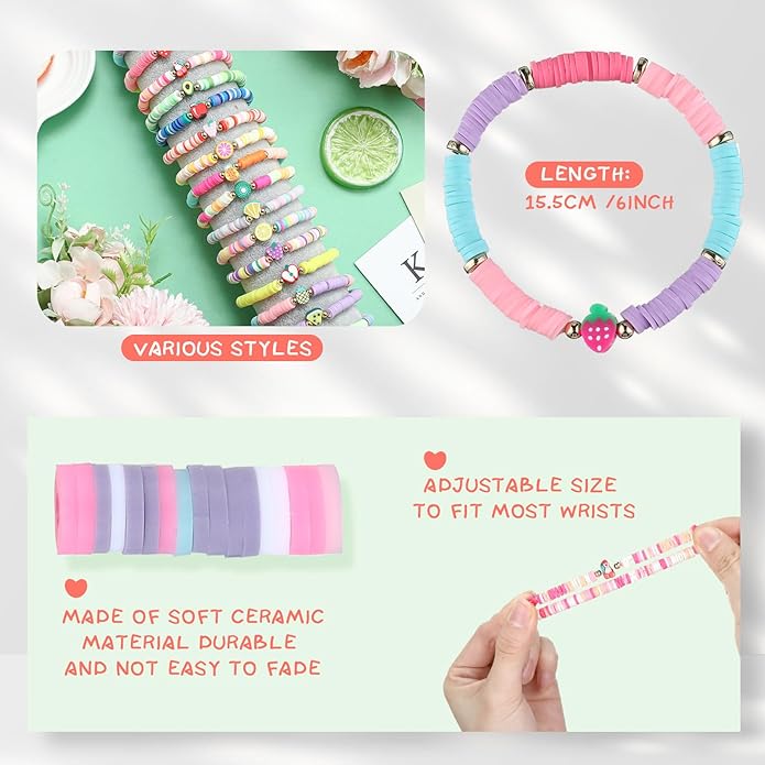 Jadive 48 Pcs Colorful Kids Friendship Bracelet Set Adjustable Stretch Beaded Bracelets Swift Bracelet Preppy Heishi Surfer Bracelets Set Friendship Bracelets for Girls Women Christmas Gift (Fruit)