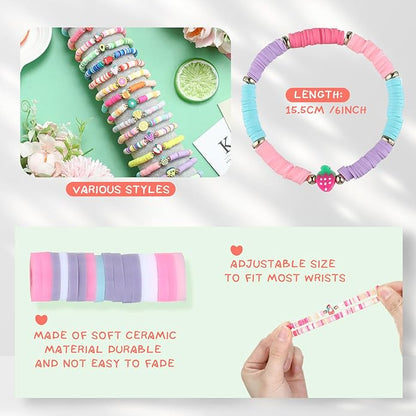 Jadive 48 Pcs Colorful Kids Friendship Bracelet Set Adjustable Stretch Beaded Bracelets Swift Bracelet Preppy Heishi Surfer Bracelets Set Friendship Bracelets for Girls Women Christmas Gift (Fruit)