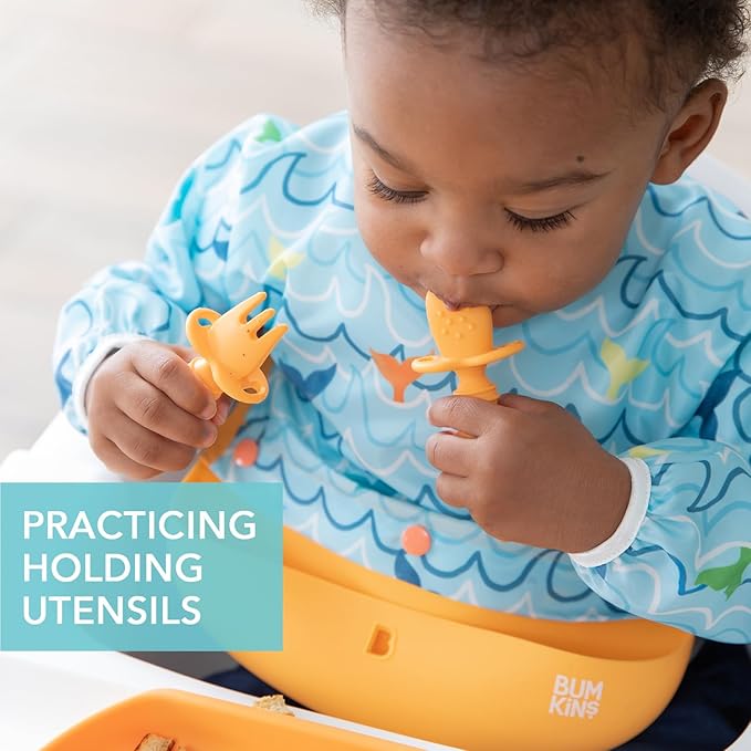 Bumkins Baby Utensils Set, Chewtensils Silicone Spoons for Dipping, Self-Feeding, Baby Led Weaning, Trainer Learning, First Stage Eating, Soft Practice Fork and Spoon, Babies 6 Months, Tangerine