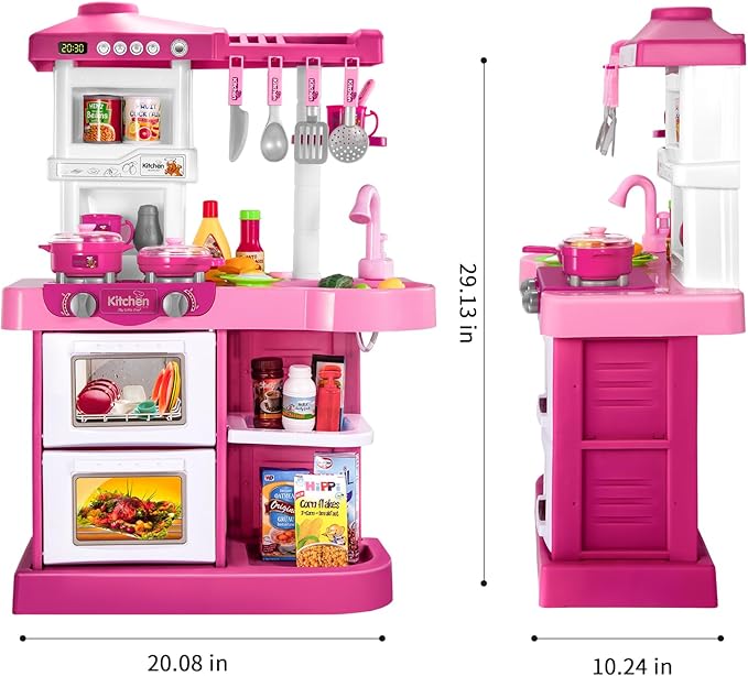 TEMI Play Kitchen Playset Pretend Food - 53 Pieces Pink Kitchen Toys for Toddlers, Toy Accessories Toddler Set with Sound and Light, Toddler Outdoor Playset for Kids, Girls and Boys