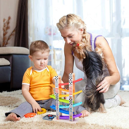 Wood City Toddler Toys for 1 2 3 Years Old, Wooden Car Ramp Racer Toy Vehicle Set with 7 Mini Cars & Race Tracks, Montessori Toys Craft Gift for Toddlers Boys and Girls