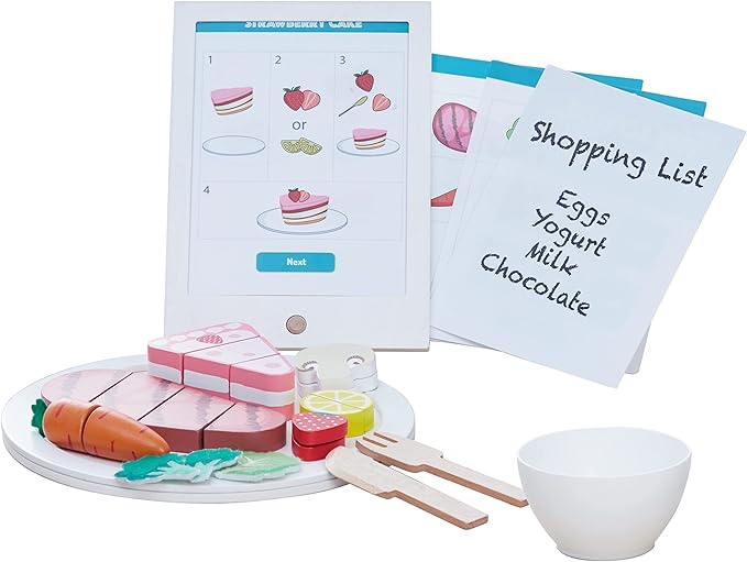 Teamson Kids Little Chef Frankfurt 27 Piece Play Kitchen Tablet with Recipes and Pretend Ingredients and Wooden Food Cutting Set, Multicolor/White , Green