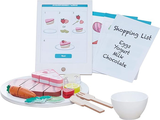 Teamson Kids Little Chef Frankfurt 27 Piece Play Kitchen Tablet with Recipes and Pretend Ingredients and Wooden Food Cutting Set, Multicolor/White , Green