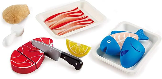 Hape Tasty Proteins Set | Wooden Pretend Play Food Set for Kids, Basic Play Cooking Ingredients and Accessories Set, Multicolor