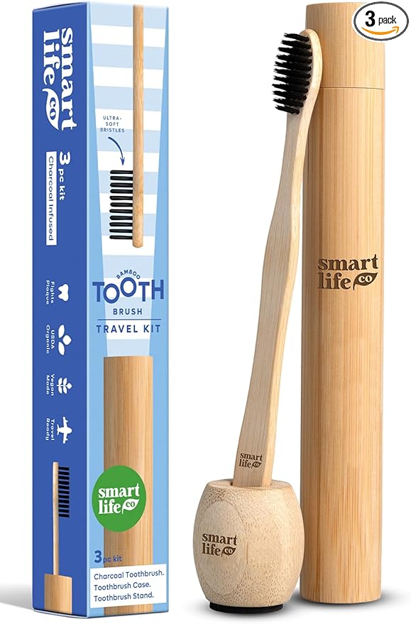 Bamboo Charcoal Toothbrush with Travel Case & Holder Kit - Extra Soft Natural Bristles for Sensitive Teeth | Eco Friendly Portable Wooden Travel Set | Single Wood Toothbrushes Stand & Cover