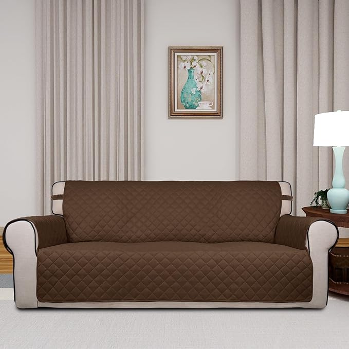 PureFit Reversible Quilted Sofa Cover, Water Resistant Slipcover Furniture Protector, Washable Couch Cover with Non Slip and Elastic Straps for Kids, Dogs, Pets (Oversized Sofa, Coffee/Ivory)