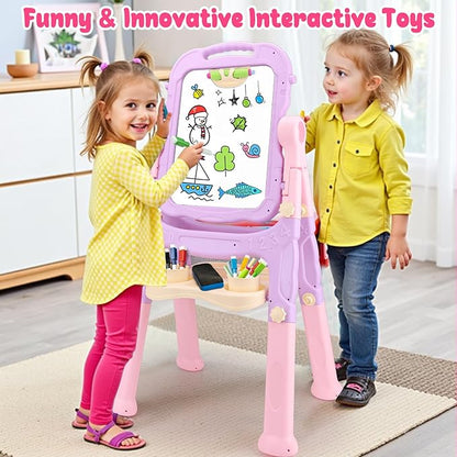 Kids Easels for Toddlers 2-4 Double Sided Kids Art Easel with Magnetic White Board & Chalk Board Adjustable Stand Drawing Painting Easel Learning Toys Age 2 3 4 Year Old Girl Birthday