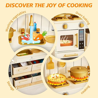 Play Kitchen for Kids, Wooden Play Kitchen with Fabric Storage Bins, Sink and Burner, Microwave Oven, Toy Kitchen Set with Plenty of Play Features Accessories, Gifts for Ages 3-8