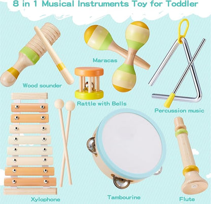 Baby Musical Instruments Montessori Wooden Music Toys Set 1-3 Gifts Kids Toddler Percussion Drum Modern Boho Xylophone with Storage Bag Boys Girls Birthday Christmas Preschool Learning Gifts