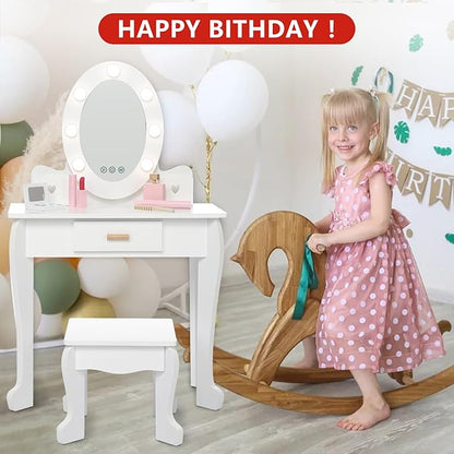 Kids' Vanity Set with Mirror and Light, Makeup Table and Stool for Girls, Vanity Table and Chair Set with Wood Makeup Playset for 4-9 Girls, White （Batteries Not Included）