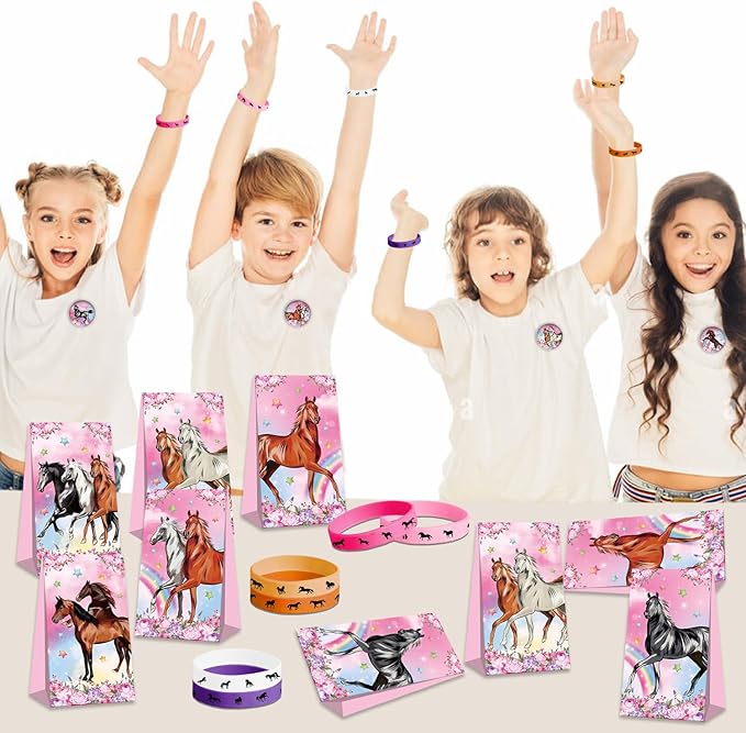 113 PCS Pink Horse Party Favors Set, 41 Horse Stickers, 12 Goodie Bags,12 Button Badges, 12 Keychains, 12mini notepads,12 rubber bracelets for Girl Women Cowgirl Horse Birthday Party Supplies (Pink)