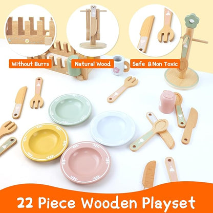 Play Dishes for Kids Kitchen, Wooden Play Kitchen Accessories, Play Plates and Cups for Kids Kitchen , Play Kitchen Dishes for Toddlers Boys and Girls 3 4 5 6