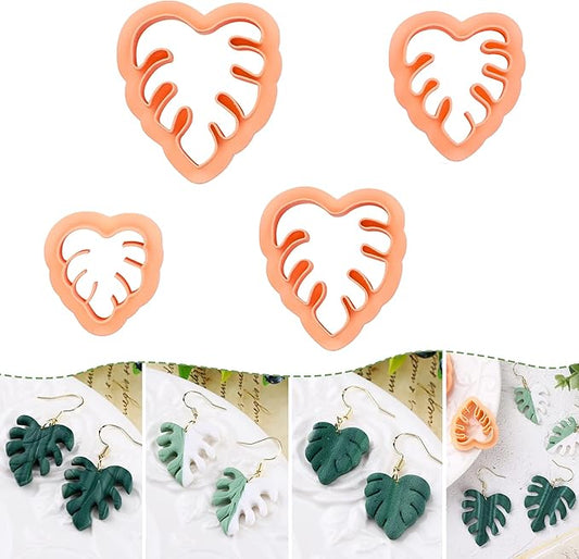 Puocaon Monstera Leaves Clay Cutters - 4 pcs Monstera Leaves Polymer Clay Cutters for Earrings, One Pattern in Different Size Clay Cutters for Polymer Clay Jewelry, Leaves Drop Dangle Earrings Making