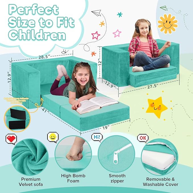 Kids Couch Sofa, 7 Pcs Modular Toddler Couch, Freely Removable Kids Chair Sofa for Playing, Creativity, Sleeping, Versatile Fold Out Baby Play Couch Set for Playroom, Bedroom Furniture