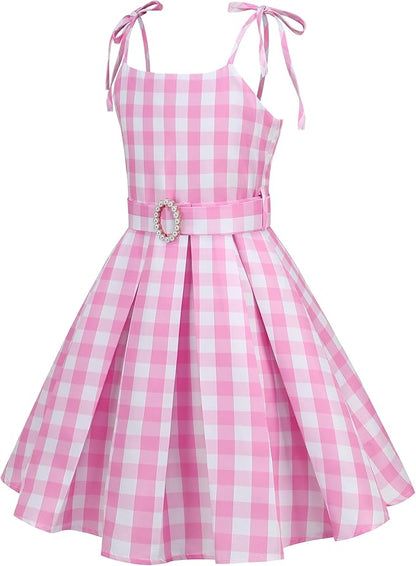 Girls Pink Costume Dress Movie Heroine Cosplay Outfit Gingham Dress for Kids Party Birthday Dress Up