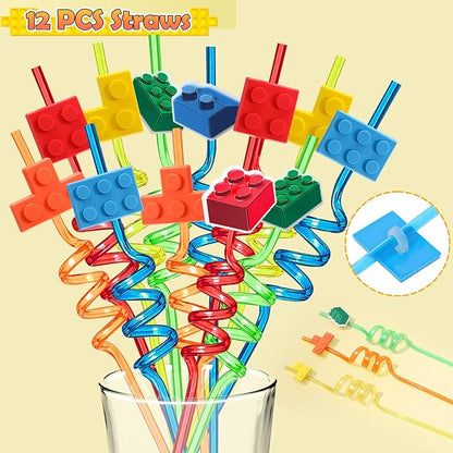 Building Blocks Party Favors Birthday Supplies for Kids, Gift Box Straw Mini Bubble Wand Button Pin Slap Bracelet Keychain, Goody Bag Stuffer Filler Girls Boys Game Carnival Classroom Prize Decor