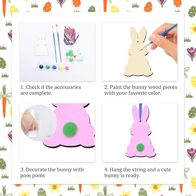 24 Pack Wooden Easter Bunny Craft for Kids Make You Own Easter Rabbit Hanging Ornaments DIY Easter Art and Craft for Girls Boys Art Project Easter Gifts Easter Decoration