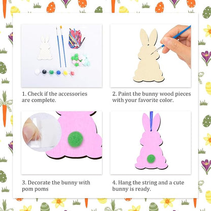 24 Pack Wooden Easter Bunny Craft for Kids Make You Own Easter Rabbit Hanging Ornaments DIY Easter Art and Craft for Girls Boys Art Project Easter Gifts Easter Decoration