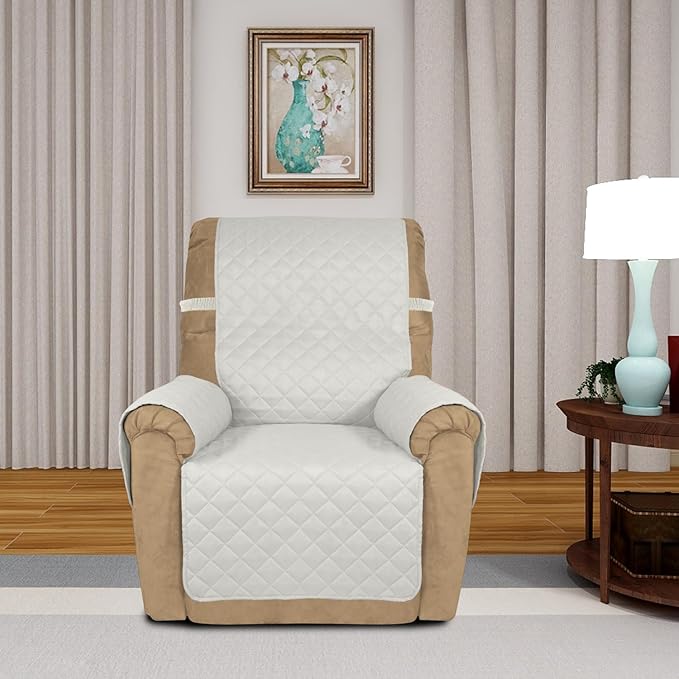PureFit Reversible Quilted Sofa Cover, Water Resistant Slipcover Furniture Protector, Washable Couch Cover with Non Slip and Elastic Straps for Kids, Dogs, Pets (Small Recliner, Ivory/Ivory)