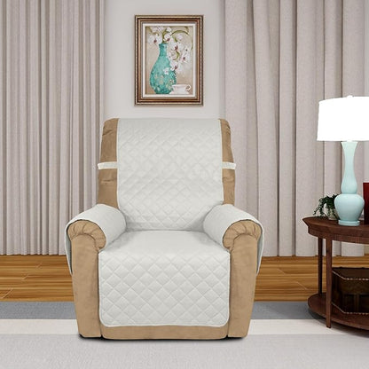 PureFit Reversible Quilted Sofa Cover, Water Resistant Slipcover Furniture Protector, Washable Couch Cover with Non Slip and Elastic Straps for Kids, Dogs, Pets (Small Recliner, Ivory/Ivory)