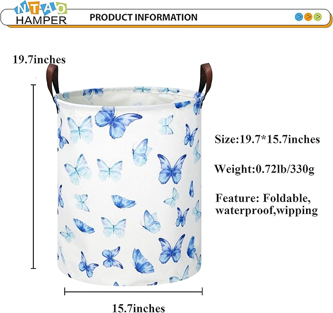 NTAOHAMPER Kids Laundry Hamper, Waterproof Storage Bin, Baby Nursery Hamper, Clothes Organizer, Toys Bin, Room Decor(Blue Butterfly)
