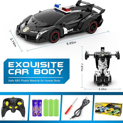 FDJ Remote Control Car - Transform Car Robot, One Button Deformation to Robot with Flashing Light, 2.4Ghz 1:18 Scale Transforming Police Car Kids Toys with 360 Degree Rotating Drifting, Toys