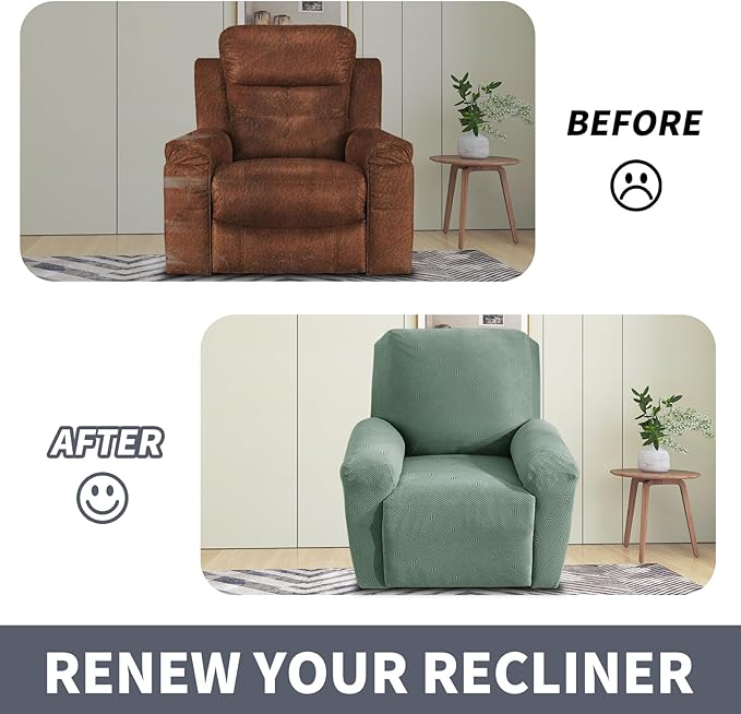 JIVINER Recliner Chair Covers, Jacquard 3 Piece Slipcovers for Recliner Chair Soft Stretch Lazy Boy 1 Seater Reclining Protector with Pockets (Recliner, Pea Green)