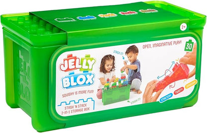 Jelly Blox Stash 'N Stack 2-in-1 Storage Case with 30 Blocks | Toddler & Preschool Building Blocks Kids Can Squeeze & Stretch | MESH ACCREDITED | Safety Tested & Ouch-Free | Sensory Play Toy Ages 2+