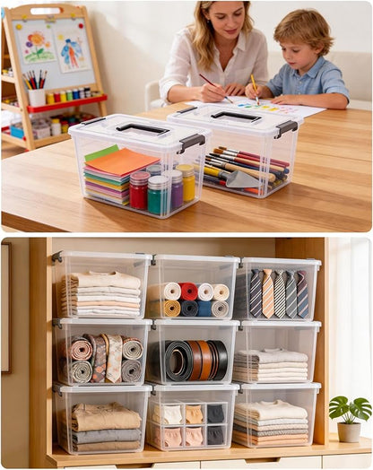 Citylife 4 Packs Plastic Storage Bins with Latching Lids Clear Storage Box with handle Stackable Storage Containers for Organizing Toys, Crafts, Tools