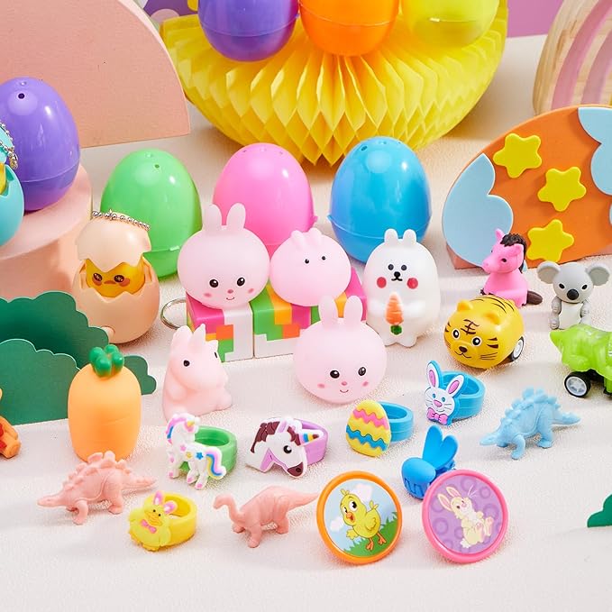 JOYIN 200 Pcs Prefilled Easter Eggs with Novelty Toys and Stickers, Filling Treats, Easter Eggs Hunt, Basket Stuffers Fillers, Theme Party Favor, Classroom Prize