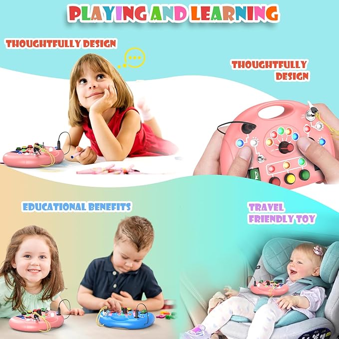 Montessori Busy Board with LED Light for Toddlers 2-4 Year Old, Sensory Toys with Sounds & Switches, Car Driving Travel Toys for Kids, Preschool Busy Book Boy and Girls Birthday Gifts (Pink)