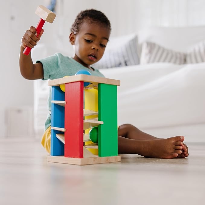Melissa & Doug Deluxe Pound and Roll Wooden Tower Toy With Hammer - Pound A Ball, Educational Toddler Toys, Wooden Pounding Bench For Ages 2+