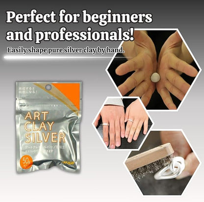 Art Clay Silver 50g, Syringe Type 10g (with 3 Tips) & Set of 3 Polishing Cloths A-0275,A-0281