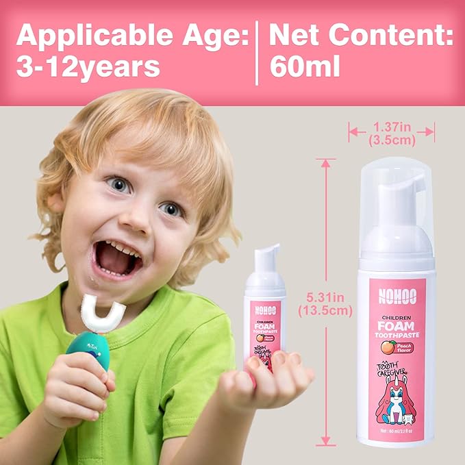 NOHOO Kids Foam Toothpaste with Fruit Flavor,Fluoride Free Natural Formul, Foam Toothpaste for Electric Toothbrush,Suitable for Toddler's Oral Cleaning and Cavity Prevention (2PCS Peach)