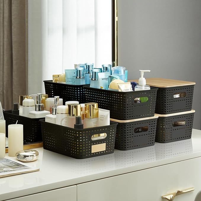 Bagnizer Small Plastic Storage Bins with Bamboo Lids 5.2qt Stackable Box Basket Pantry Decorative Containers Cute with Lable for Organizing Desktop Closet Office Black of 6 packs 10 * 7.2 * 4.1'’