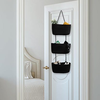 TeoKJ Over the Door Hanging Basket, 3-Tier Woven Cotton Wall-Mounted Storage Organizer Bag Decorative Hanging Nursery Baskets, Black