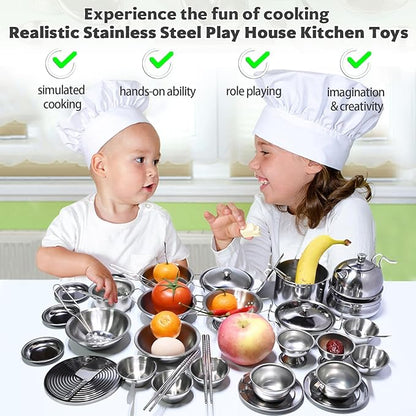 Mini Size Kids Kitchen Pretend Play Toys Accessories with Stainless Steel Cookware Pots and Pans Set,Classic Kitchen Accessories Cooking Utensils Set Tiny Role Play Cooking Play Toy for Kids Toddlers