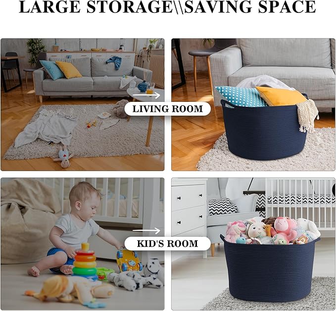 Extra Large Blanket Basket, Maliton Cotton Rope Bin for Toys, Woven Laundry Hamper with Handles, Decorative Storage for Living Room, Bedroom, Kids Room, Bathroom, 22" x 22" x 14", Blue