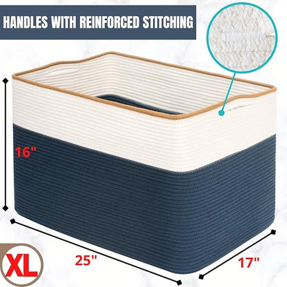 MINTWOOD Design 112L Extra Large Blanket Basket Holder Living Room, 25"x17"x16" Rectangle Rope Woven Storage Basket with Handles for Laundry, Towels, Shoes, Dog Toy Organizer Bin Box, Prussian Blue