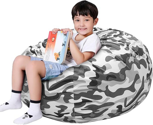 Lukeight Stuffed Animal Storage Bean Bag Chair Cover for Kids, Zipper Beanbag Chair Cover for Organizing Toddler and Kids' Rooms Plush Toys (Camo Velvet, Large)