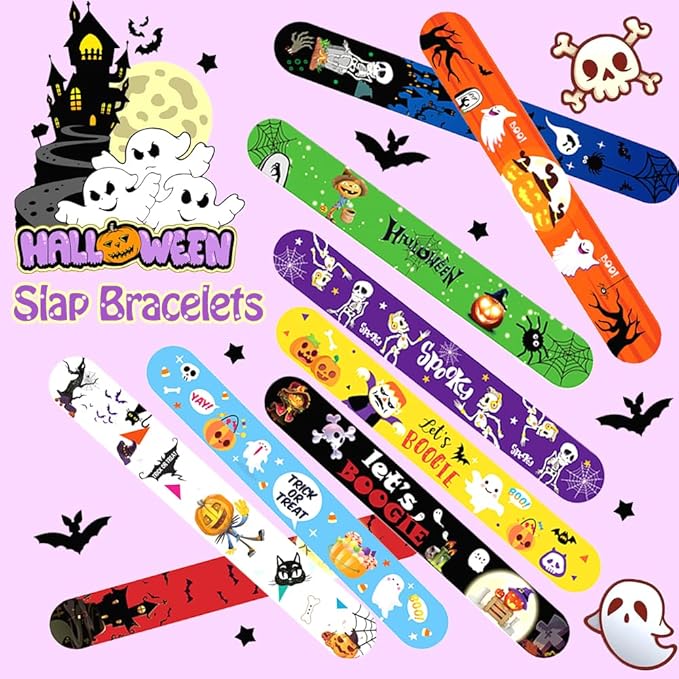 48Pcs Halloween Slap Bracelets for Kids, Trick or Treat Halloween Gifts for Party Favors, Classroom Prizes, Carnival Prizes,Halloween Goodie Bags (Halloween Slap Bracelets)