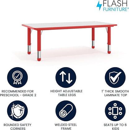 Flash Furniture Wren 23.625''W x 47.25''L Rectangular Red Plastic Height Adjustable Activity Table with Grey Top