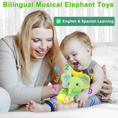 Holaxander Baby Elephant Musical Stuffed Animals Toy with Light-Up Music & Crinkle Sound Paper,Infant Bilingual Early Learning Education Toys,Tummy Time Toys for 0-3-6-12+ Months Boy Girl, Green
