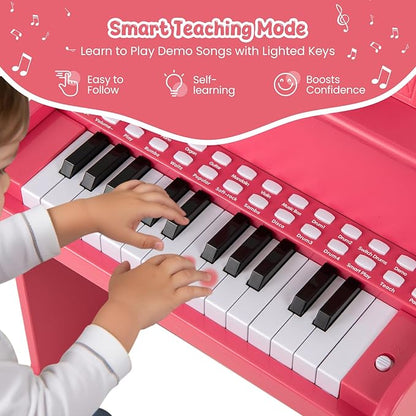 HONEY JOY Wooden Kids Piano, 25 Lighted Keys Kids Keyboard Piano w/Music Stand, Bench, Early Learning Educational Musical Instrument, Baby Music Toy for 3+ Years Old Toddlers Boys Girls (Pink)