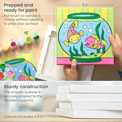 ARTEZA Kids Water Creatures Painting Kit, 4 Canvases 8 x 8 Inches, 24 Acrylic Paints, 4 Paint Brushes, 4 Palettes, Kids Activities Ages 6 and Up